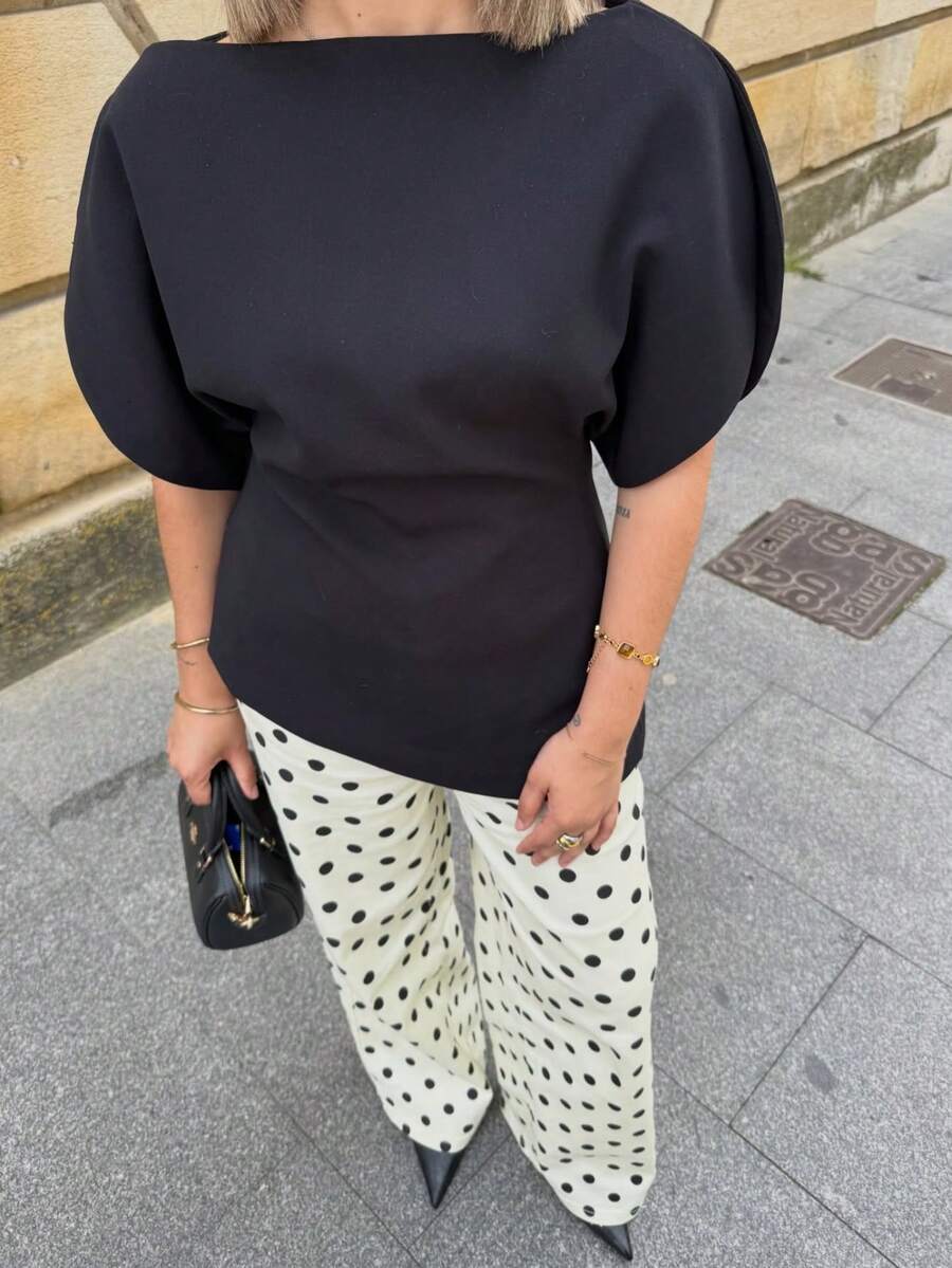 ZAHM Blusa con estructura de manga poncho | Camisa elegante de trabajo con bajo asimétrico, casual de verano en color negro
