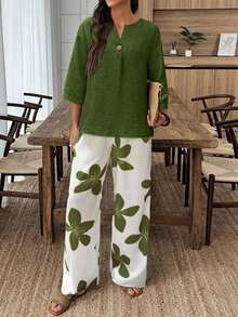 Conjunto de camisa de unicolor y pantalones con estampado floral para vacaciones - Multicolor 2 - Ver 5