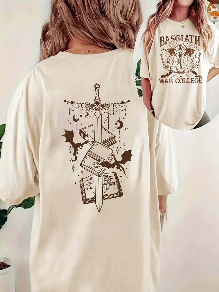 Camiseta de mujer con estampado de verano de doble cara vintage - Estampado de dragón de la Academia de  Basjiat, adecuada para verano y primavera, la ropa de mujer es sencilla, cómoda, holgada, con cuello redondo en forma de Y, a la moda. - Albaricoque - Ver 1