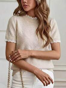 Solid Color Soft Knit Short Sleeve Top, Lace Trim Design, Loose Fit Flattering Short Style, Versatile For Spring/Summer Daily Wear - Apricot - View 5