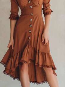 Vintage Palace-Style Midi Dress With Lace Trim And Ruffles - Pale Yellow - View 2