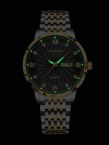 1pc Men's Quartz Wrist Watch, Gold-Tone Alloy Band, Calendar, Diamond-Encrusted Roman Numeral Dial, Business & Casual Style, Gift For Boyfriend (1pc/Set, Watch Box Not Included) - Black - View 5