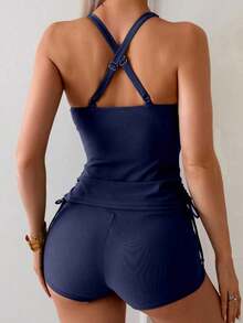 Set de 2 piezas de traje de baño de mujer con espalda cruzada, fruncido y cordón en color verde militar - Azul marino 2 - Ver 2