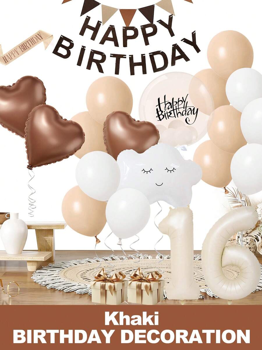 16th Birthday Cream Balloons Decor Birthday Decorations For Women Girl Beige Brown White Sand Foil Star Heart Balloon Decor, Birthday Sash Bobo Balloons For Birthday Anniversary Party Decoration Supplies Room Decor - Sinh nhật thứ 16 - Xem 1