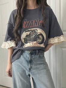 Camiseta de manga corta para mujer con ajuste holgado, estampado de letras, parches de encaje, de mezcla de algodón transpirable, versátil para primavera/verano - Gris 2 - Ver 8
