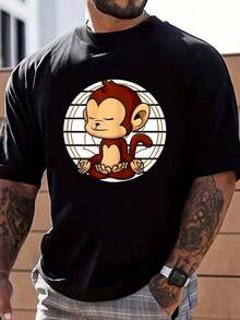 Camiseta de Hombre% Algodón con Diseño de Mono Meditando, Chakra, Yoga, Meditación, Namaste, Estilo-Hop Urbano - Negro - Ver 1