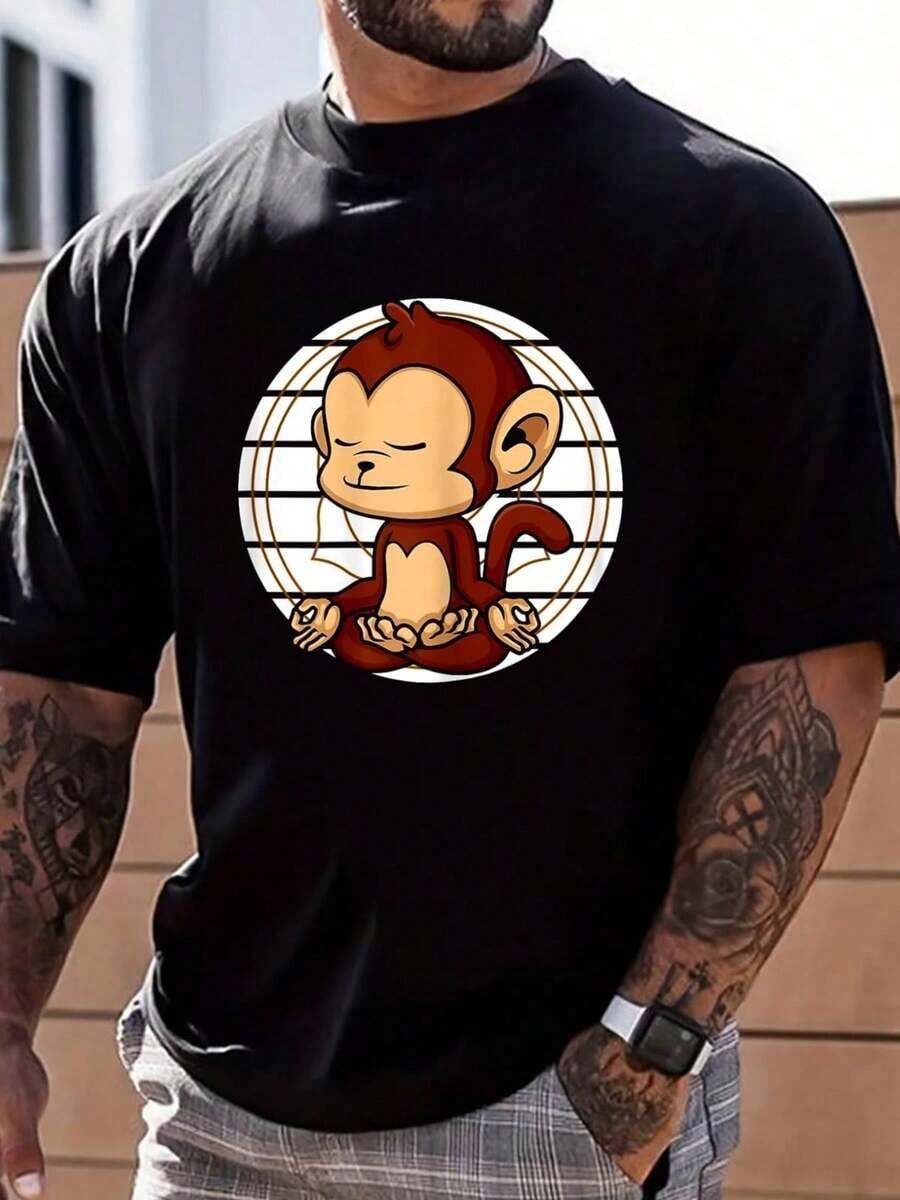Camiseta de Hombre% Algodón con Diseño de Mono Meditando, Chakra, Yoga, Meditación, Namaste, Estilo-Hop Urbano - Negro - Ver 1