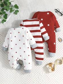 3pcs/Set Baju Terusan Bayi Laki-laki Kasual Nyaman Musim Semi Musim Gugur Baru Motif Bintang Garis Tipis Lengan Panjang - Merah - View 3