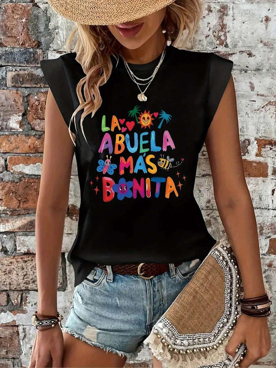 Camiseta de manga corta con cuello redondo para mujer, estilo retro de vacaciones, nueva colección 2026, con estampado, para compras informales, regalos de vacaciones, reuniones con amigos, fiestas deúsica y ropa de vacaciones. - Negro - Ver 1
