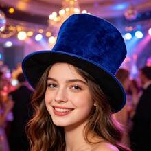Velvet Vintage Dramatic All Seasons Top Hat, Distressed Texture, Relaxed Fit, Perfect For Themed Party, Halloween Cosplay, Stage Performance - Dark Blue - View 1