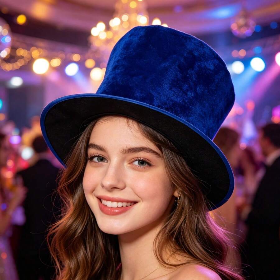 Velvet Vintage Dramatic All Seasons Top Hat, Distressed Texture, Relaxed Fit, Perfect For Themed Party, Halloween Cosplay, Stage Performance - Dark Blue - View 1