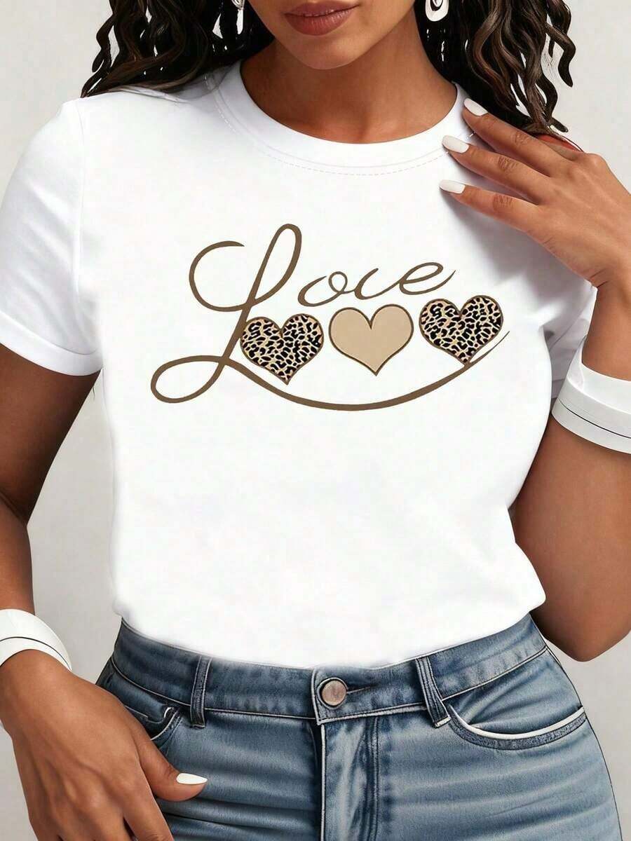 Lightweight Graphic T-Shirts [Special Holiday Offer] Valentine's Day Love Confession Gift For Girlfriend, Sweet And Romantic Atmosphere, Leopard And Heart Print, Fashionable Casual Crew Neck T-Shirt For Women, Plus Size, Spring/Summer, 100% Cotton, Best Selling Choice. Cute Blouses 100% Cotton - 白色的 - 查看 1