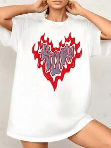 Minimalist. Burning Heart Surrounded By Red And White Flames That Convey Energy, Passion, And Strength. Women's T-Shirt, 100% Cotton, 220g. Women's Simple Solid Color T-Shirt, Loose And Slim Fit Casual Short Sleeve - 白色的 - 查看 10