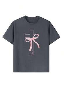 1 pieza de camiseta de manga corta con cuello redondo y estampado de mariposas y cruces para niñas, ropa de verano para estudiantes jóvenes - inspira la imaginación y la autoexpresión. - Gris Oscuro - Ver 4