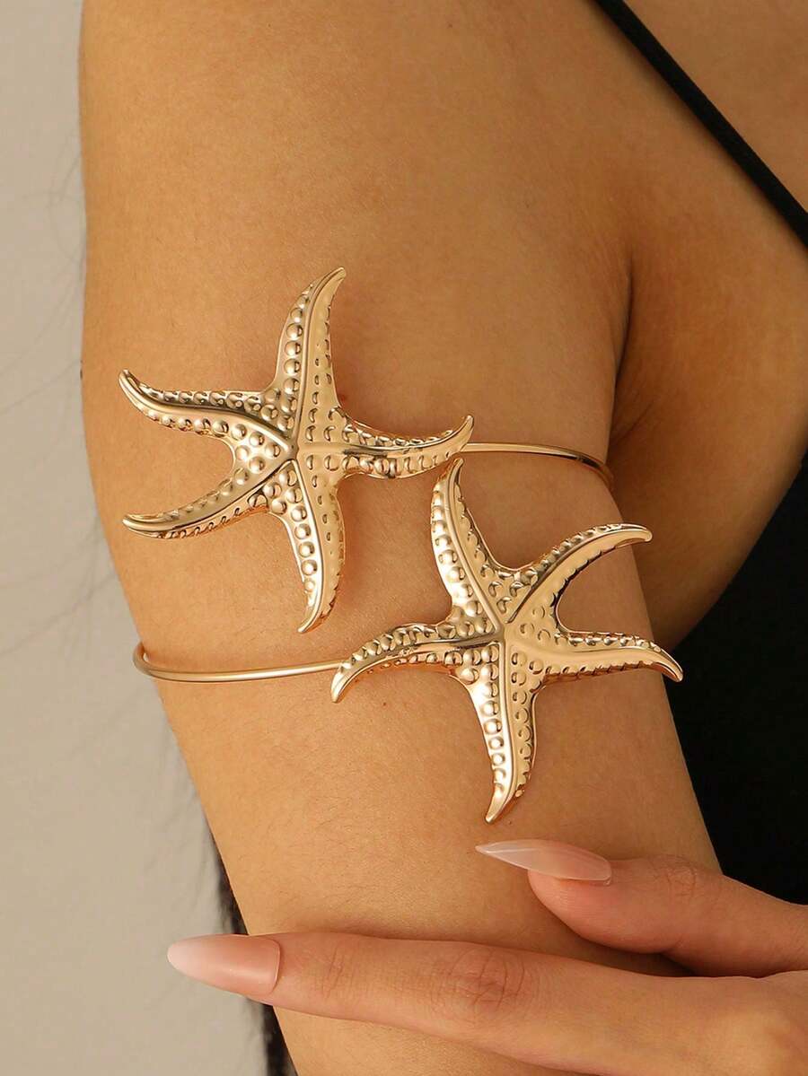 Fashion Casual Starfish Arm Cuff Bracelet, Suitable For Beach Vacation Women's Accessory, European And American Style Long Arm Chain, Star-Shaped Arm Cuff, High-End Exquisite Bracelet Accessory, Multi-Functional Open Arm Cuff, Suitable For Beach Vacation, Birthday Party, Gift For Friends And Family - Multicolor - View 1