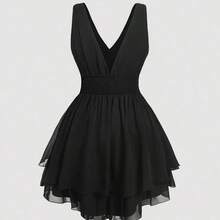 MOD Plus Size Women's Multi-Layered Hem Waist Ruched Black Vintage Dress,Valentine Day - Negro - Ver 3