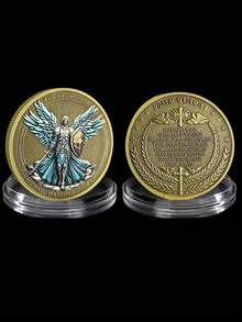 Angel Michael Guardian Challenge Coin - Psalm 91:10-11 Revelation Religious Collectible Coin, American Armored Warrior Commemorative Coin, Angel Guardian Bronze Color Commemorative Medal, With Transparent Protective Case - Multicolor - View 2