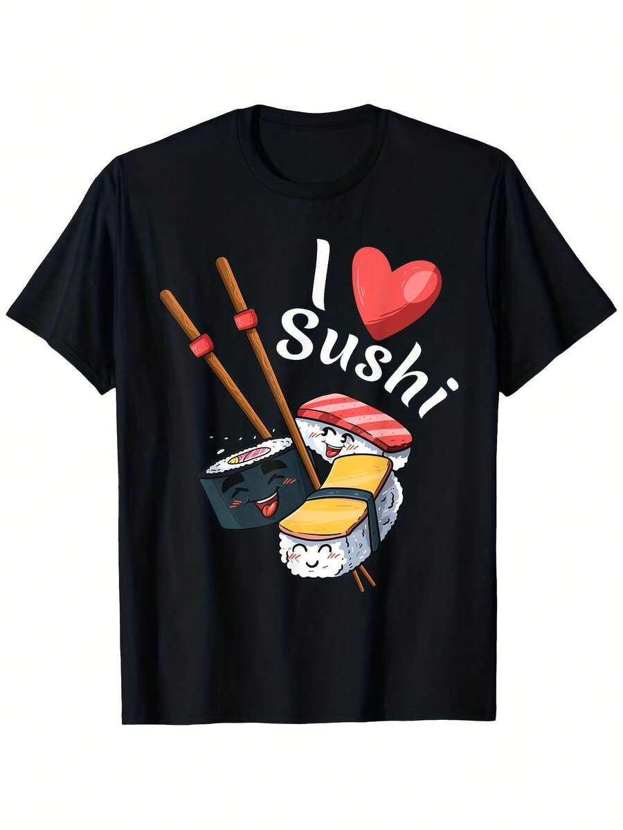 Camiseta Moderna y Única con Diseño de Sushi Japonés, Sashimi y Soja "I Love Sushi", Estilo Holgado, Nueva Camiseta Unisex de Manga Corta, Casual y Cómoda, 100% Algodón, Tallas S-XXXL, Camiseta Casual de Manga Corta de Algodón, Suave, Cómoda y Lavable a Máquina - Ideal para Uso Casual. - Negro - Ver 1