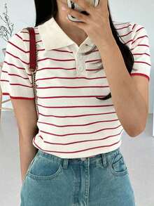 Blusa de punto de manga corta con cuello polo para mujer, de vestir informal - Rojo y blanco - Ver 1