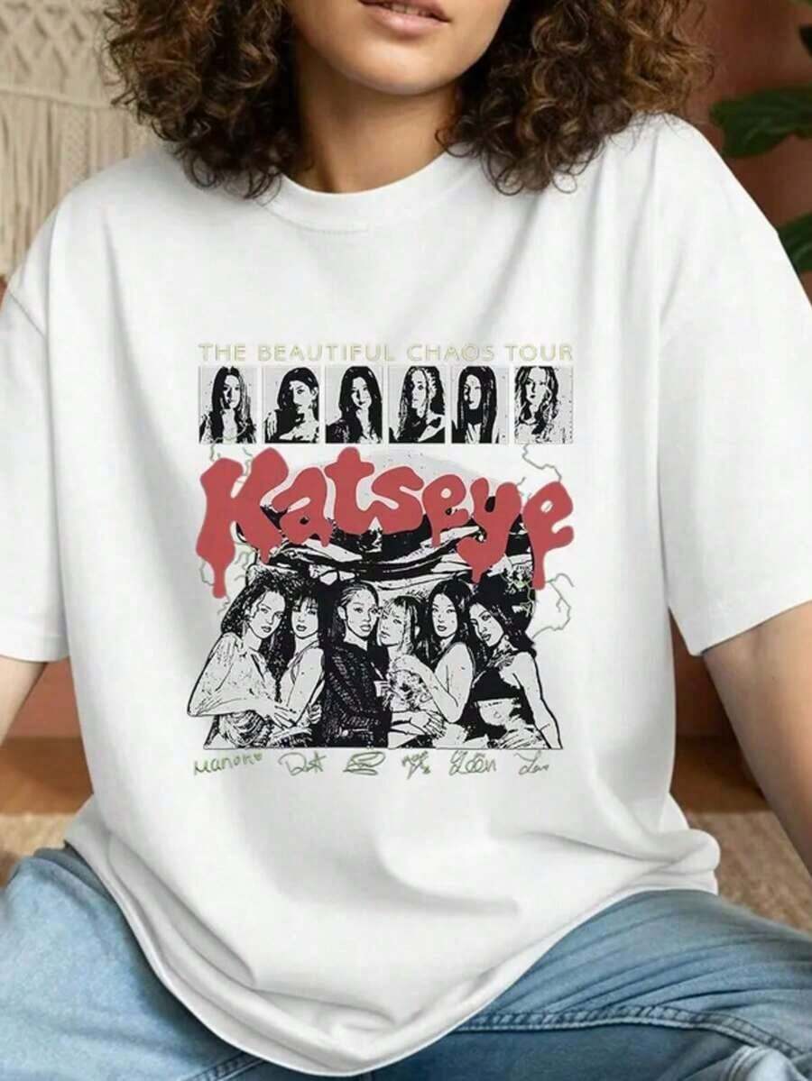 Katseye Girl Group Short Sleeve T-Shirt, Katseye Vintage Music T-Shirt, Katseye K-Pop Graphic, Katseye Beautiful Chaos T-Shirt, Katseye Gnarly 100% Cotton - 白色 6 - 查看 1