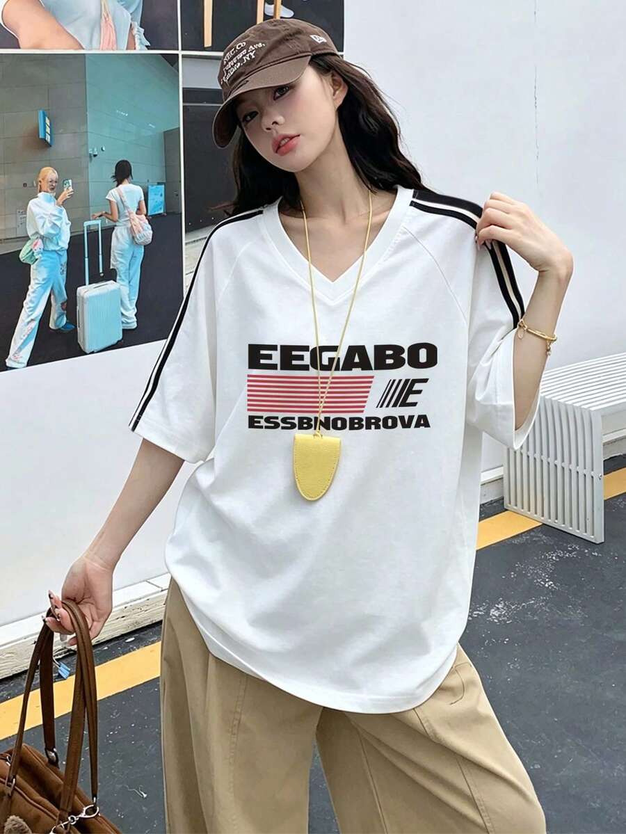 Áo thun nữ cổ chữ V kẻ sọc tương phản, dáng rộng, phong cách thường ngày dành cho sinh viên, mùa xuân/hè. - trắng - Xem 1