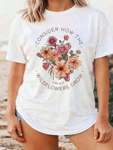 Camiseta Blanca de Corte Holgado con Estampado Floral de Versículos Bíblicos "Consider How The Wildflowers Grow", para Mujer, Casual, de Playa, de Verano - Blanco - Ver 1