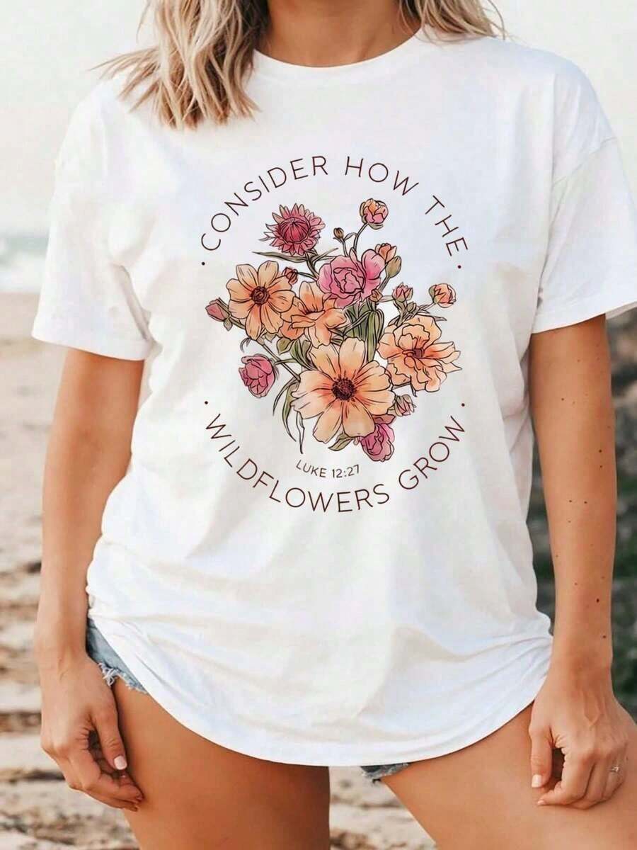 Camiseta Blanca de Corte Holgado con Estampado Floral de Versículos Bíblicos "Consider How The Wildflowers Grow", para Mujer, Casual, de Playa, de Verano - Blanco - Ver 1