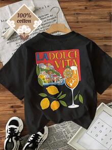 [Circular Pattern][Back Print] Women's Casual Summer Vintage Style T-Shirt With <<Lemon Drink LA DOLCE VITA Print, Round Neck, Pure Cotton, Short Sleeves, Summer Tops - Black - View 6