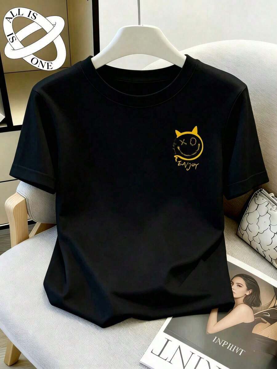 Fashion Printed T‑Shirts for Women, Oversized Streetwear Tops, Comfortable and Stylish All‑Match Summer TeesIS ONE Algodón Puro Camiseta Oversize Holgada Unisex Con Estampado De Cara Sonriente De Diablito Estilo Cejero Americano, Manga Corta Para Deporte Y Fitness - Negro - Ver 1