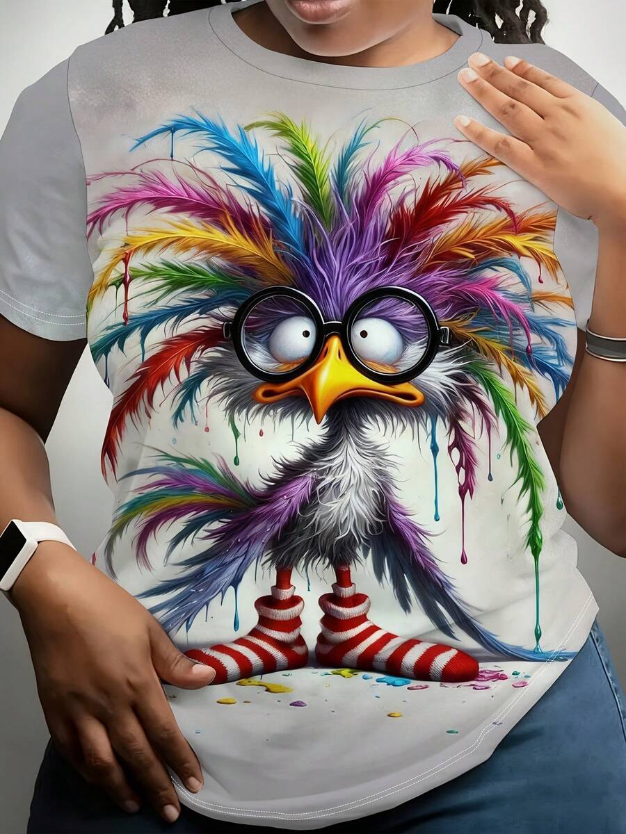 Camiseta manga corta cuello redondo 100% algodón, estampado trendy, tejido ligero y ventilado, estilo moda casual, apta para vida diaria, salidas informales y citas en primavera, verano y otoño - Gris Claro - Ver 1