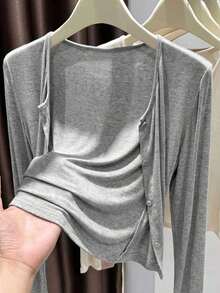 Chaqueta ligera de unicolor de estilo minimalista para mujer, adecuada para el uso diario en primavera/otoño - Gris - Ver 7