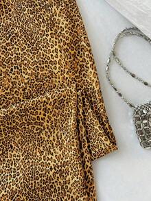 Pantalones anchos de pierna negros con diseño de estampado de leopardo retro elegante, pantalones rectos con cintura elástica con cordón, uso casual, vuelta al colegio - Naranja - Ver 5