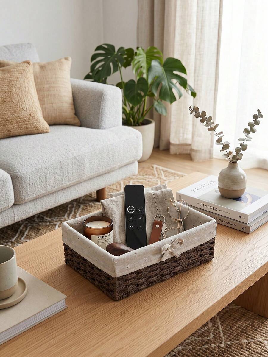 3Pcs(S+M+L)/1Pc Khaki Boho Woven Storage Basket Set, Multifunctional Bin For Cosmetics, Snacks, Toys, Keys, Decorative Braided Container For Entryway, Living Room, Coffee Table, Cabinet Sundries & Daily Household Rectangular Home Storage Organizer - Coffee Brown - View 1