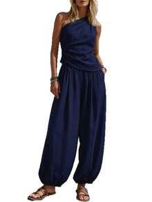 New Women's Summer 2-Piece Set, Minimalist Casual Style, Solid Color, Sleeveless Top, High-Waisted Loose Pants, Flattering, Perfect For Daytime Looks, Walks And Casual Occasions - 藏青色 - 查看 6