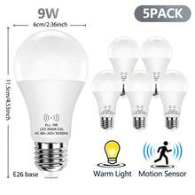 Kasotile [2/5 chiếc] Bóng đèn LED cảm biến chuyển động Casotte - 9W/12W (Tương đương tổng công suất 100W), đế E26/E27, ánh sáng trắng ấm. Có chế độ cảm biến tự động "Từ hoàng hôn đến bình minh", được thiết kế để phát hiện chuyển động của con người, cung cấp ánh sáng hiệu quả. Thích hợp để lắp đặt ở cửa trước, hiên nhà, nhà để xe, tầng hầm, hành lang và tường. - ánh sáng ấm áp - Xem 10