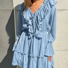 V-Neck Ruched Bell-Sleeve Ruffle White Dress, Spring Women's Designer Puffy Dress, Ladies' Beachwear Swim Dress - Blue - View 3