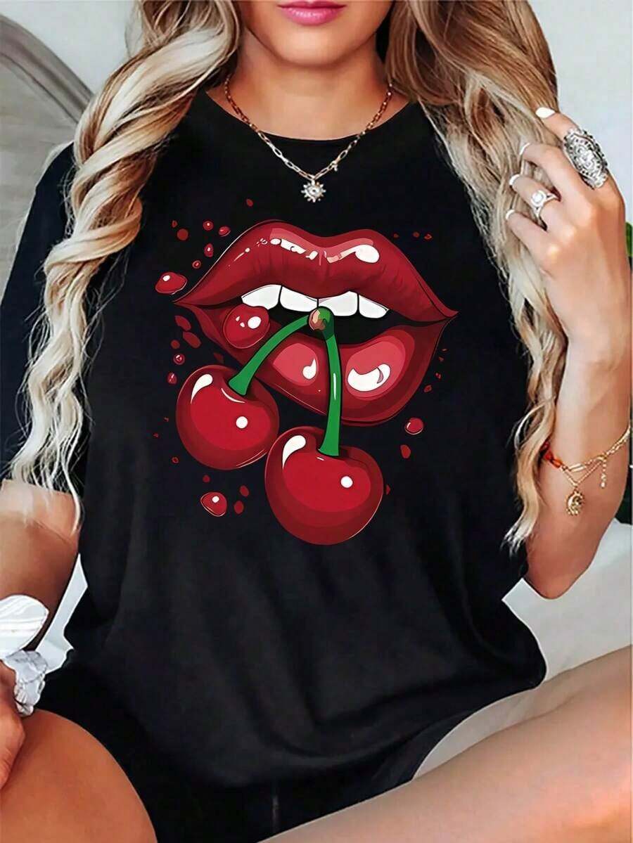Camiseta de algodón estampada, casual y a la moda para mujer, sencilla, elegante y versátil. - Negro - Ver 1