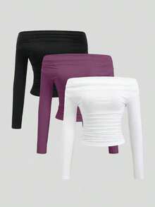 Conjunto de 3 piezas para mujer: Blusa de manga larga hombros descubiertos, blusas cortas entalladas, cómodas y amigables con la piel, versátil y estilizador - Multicolor 9 - Ver 8