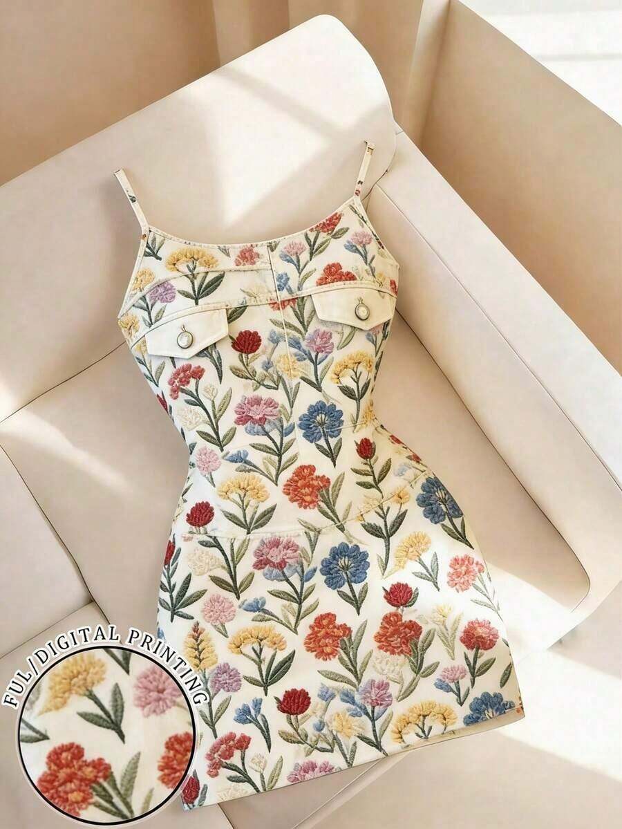 Nuevo Vestido mini ajustado de mujer de ajuste regular con estampado de efecto denim - Multicolor 3 - Ver 1