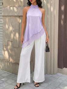 Top de tirantes negro para mujer, bajo asimétrico, diseño sin espalda, con ribete de encaje en contraste, longitud regular para verano - Púrpura malva - Ver 6