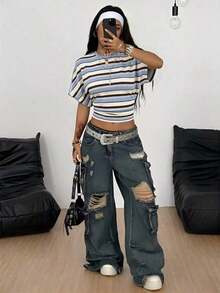Camiseta corta de mujer con hombros caídos y rayas - Multicolor 2 - Ver 5
