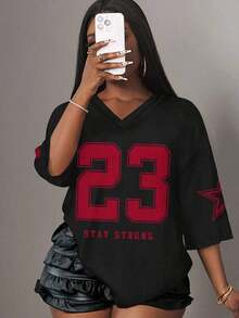 Camiseta de mujer con gráfico de letras y números, de estilo minimalista y casual, adecuada para el verano - Negro - Ver 7