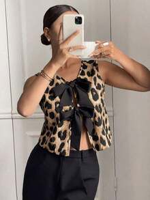 Camisa casual sin mangas con nudo delantero y estampado de leopardo para mujer - Café integral - Ver 1