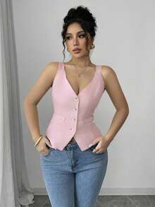 Camiseta sin mangas de un solo pecho de unicolor casual para mujer - Rosa - Ver 3