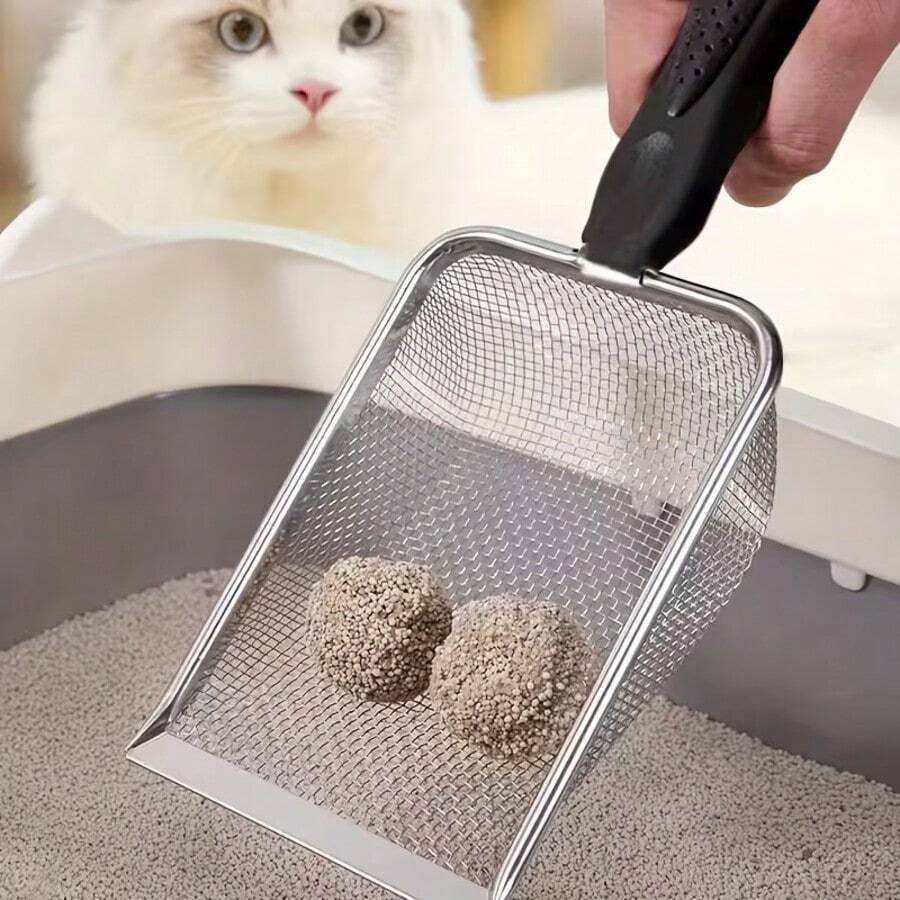Durable Stainless Steel Cat Litter Scoop, Easy To Clean, Suitable For Fine Granule Litter, Large/Small Mesh Design (Handle Color Is Random)
