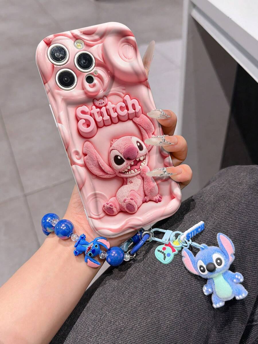 Disney Has Authorized, Phone Case - Chain Set, The Stitch Lilo & Stitch 3D Phone Case Plus A Silicone 3D Stitch Bracelet With Metallic Ring Removable Bracelet, Stitch And Angel Pattern, Compatible With Iphone17/16/15/14/13/12/11/XS/XR/X Plus Pro Max, A Stylish Cartoon Phone Case, The Perfect Gift Choice, Phone Protection, Durable Phone Cover, Great Gift For Friends And Family. - 白色 - 查看 1