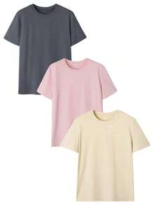 Set de 3 camisetas de manga corta de cuello redondo minimalistas y casuales de verano, tops versátiles y de moda para mujeres - Gris oscuro, rosa y albaricoque - Ver 2
