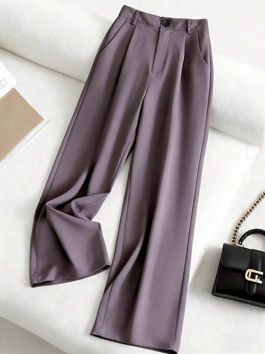Pantalones casuales de mujer de unicolor con bolsillo oblicuo y pliegues - Púrpura polvoriento - Ver 1