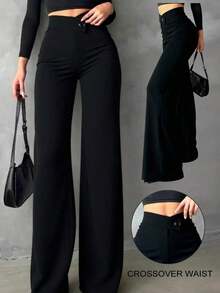 Pantalones rectos de cintura alta de unicolor, elegantes y casuales, adecuados para salidas diarias, ir a la oficina, estar en casa, citas, pequeñas fiestas, eventos sociales ligeros en primavera, color negro - Negro - Ver 8