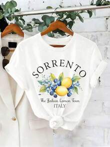 Elegante camiseta Sorrento con estampado de limones y arándanos para mujer, blusa informal de manga corta y cuello redondo, ideal para el verano. - Blanco - Ver 6